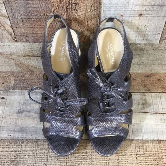Coach Sandals Moreen Womens 8B Gray Leather Metallic Embossed Snakeskin Heel - Picture 3 of 12